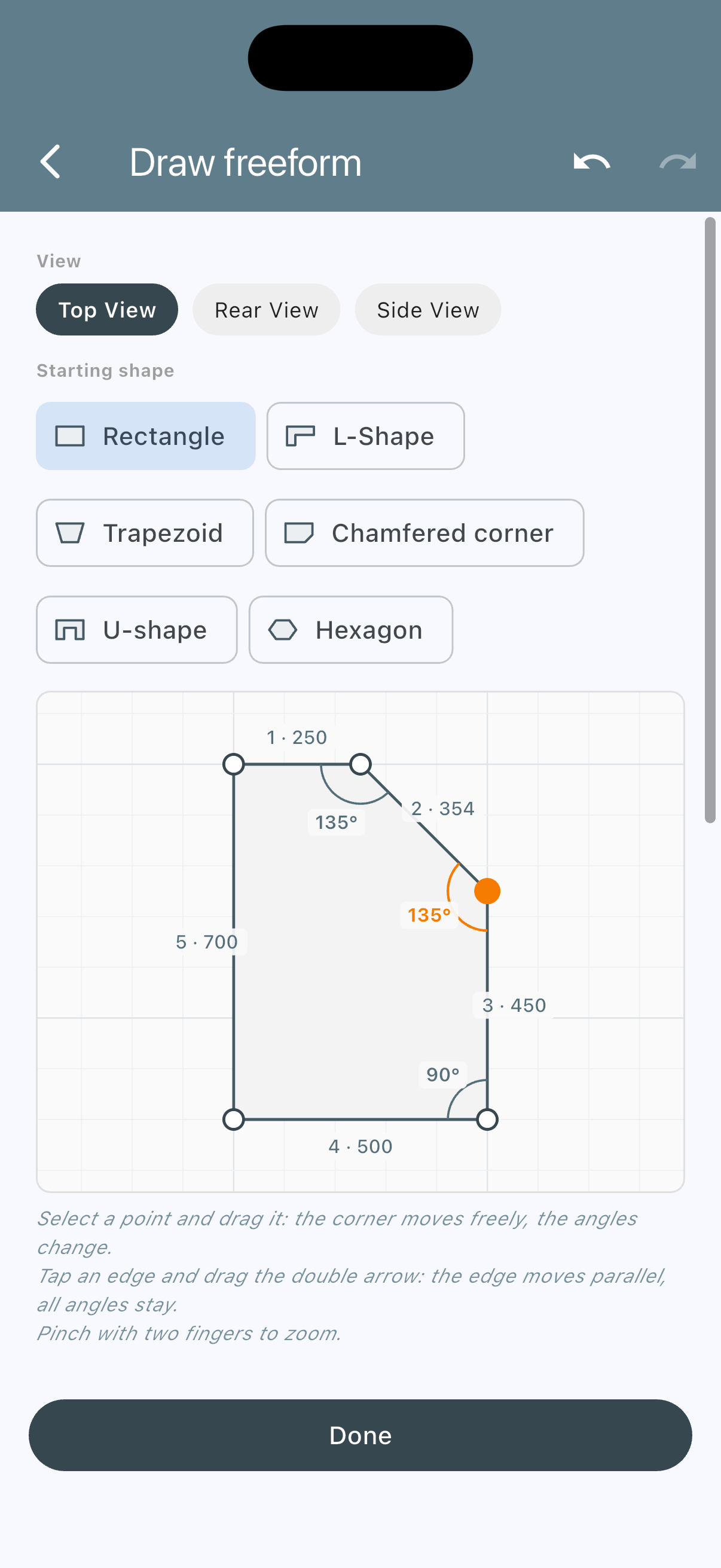 Screen „Freiform zeichnen“ in VanLogic: Hochschrank mit schräger Ecke, an beiden Enden 135°