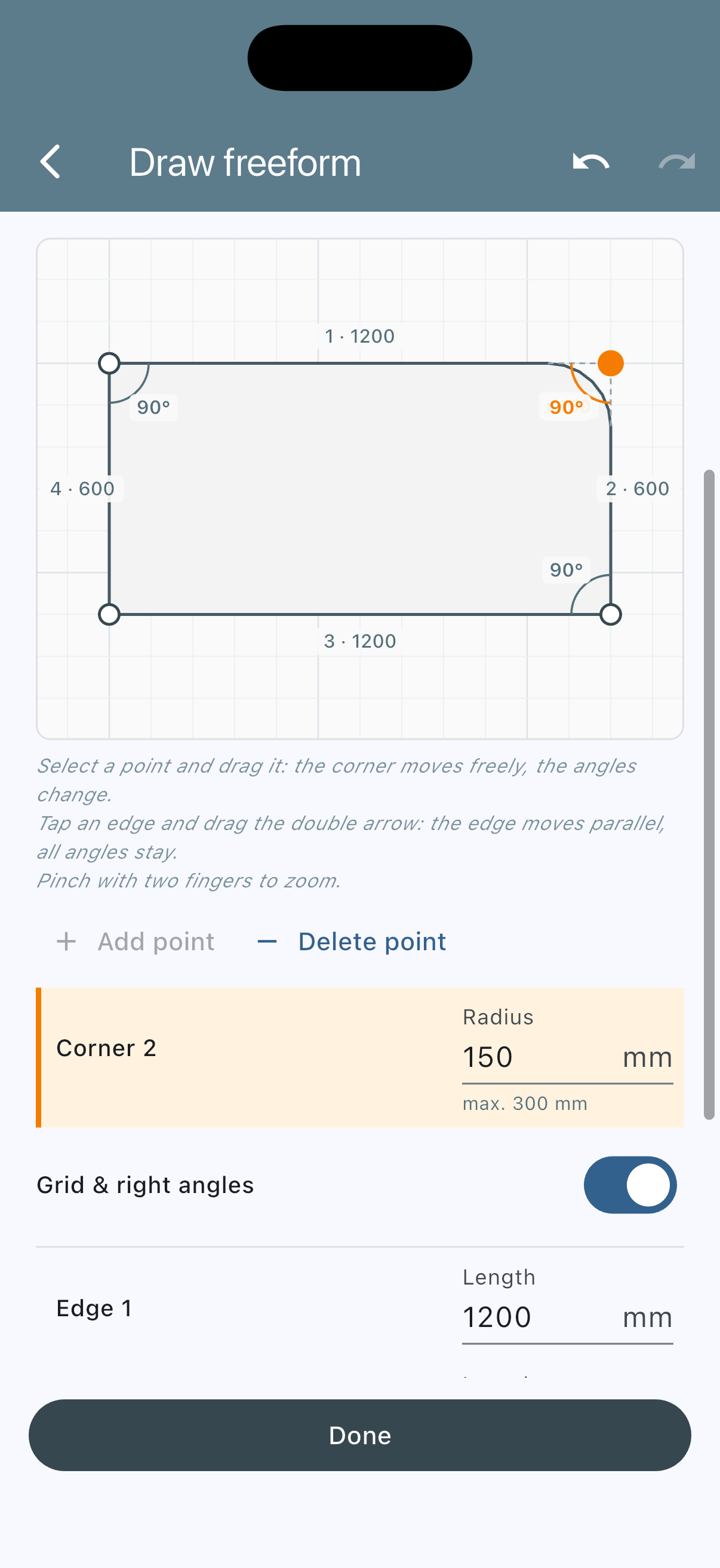 Freiform zeichnen in VanLogic: Feld Radius 150 mm mit Angabe höchstens