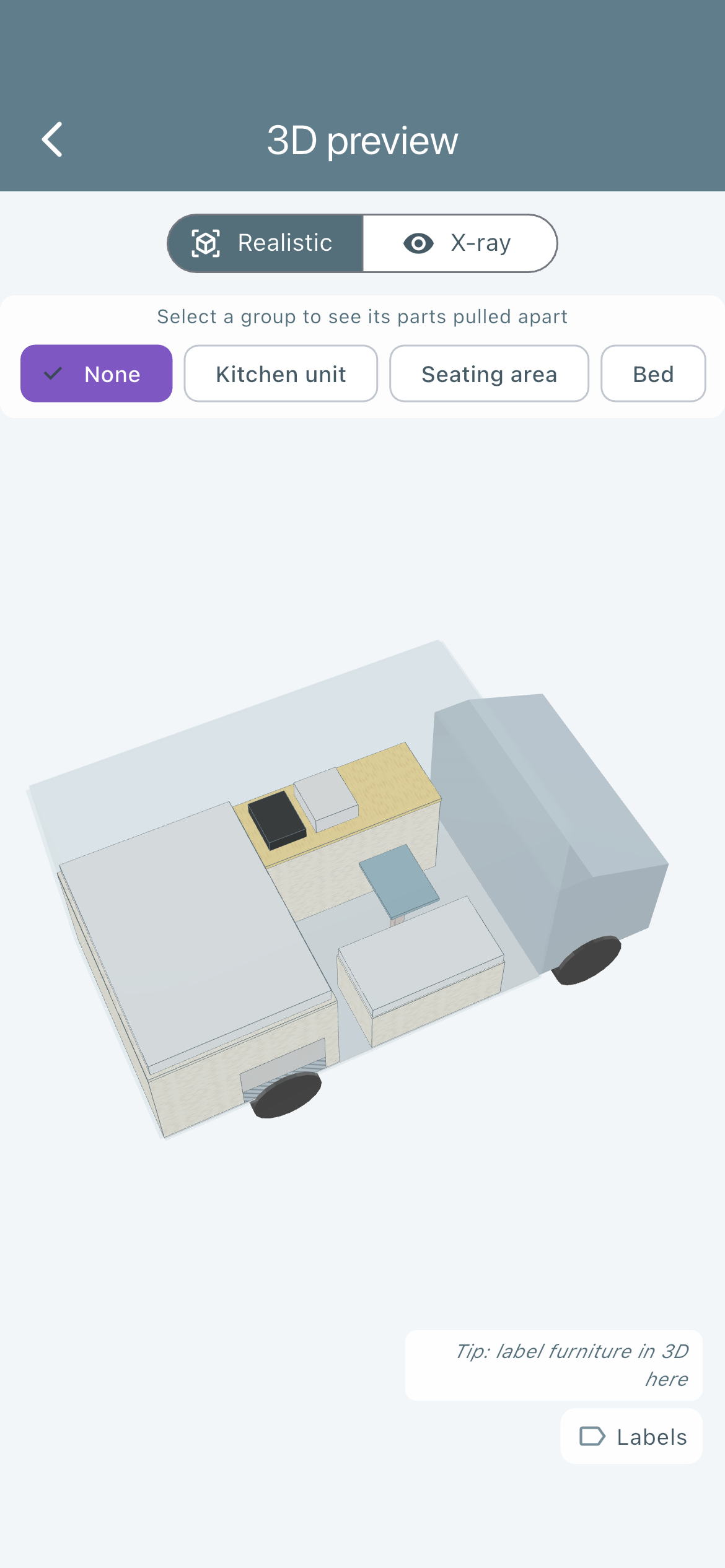 3D-Ansicht des Querbett-Grundrisses im Ducato L2H2