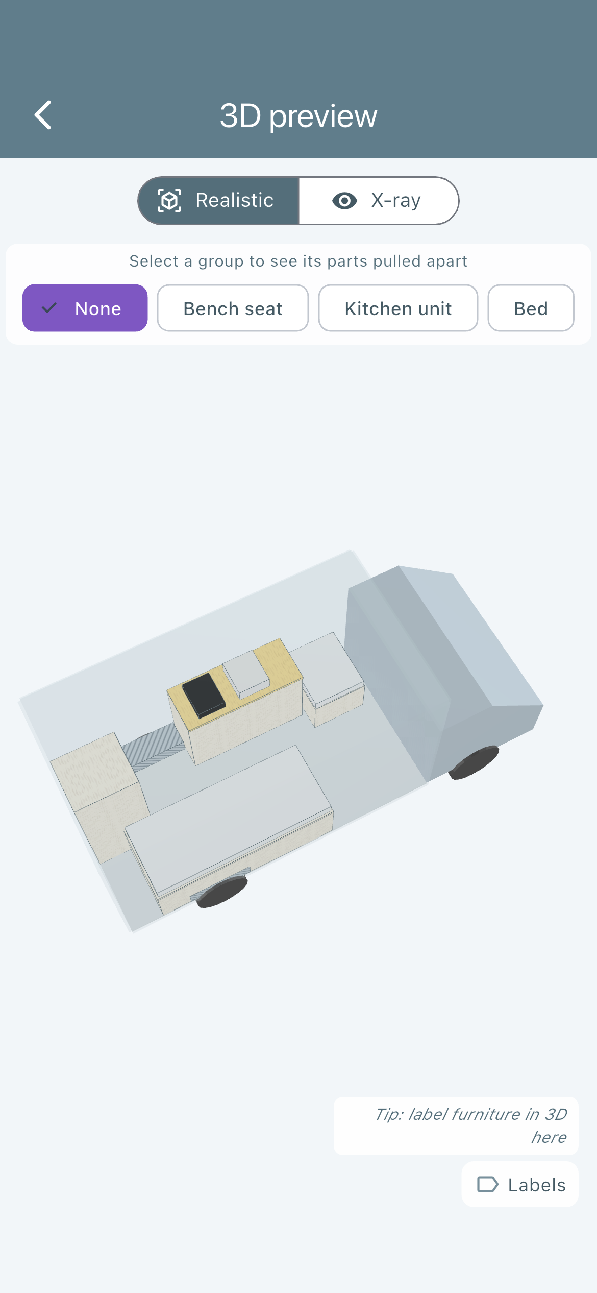 3D-Ansicht des Längsbett-Grundrisses im Crafter L3