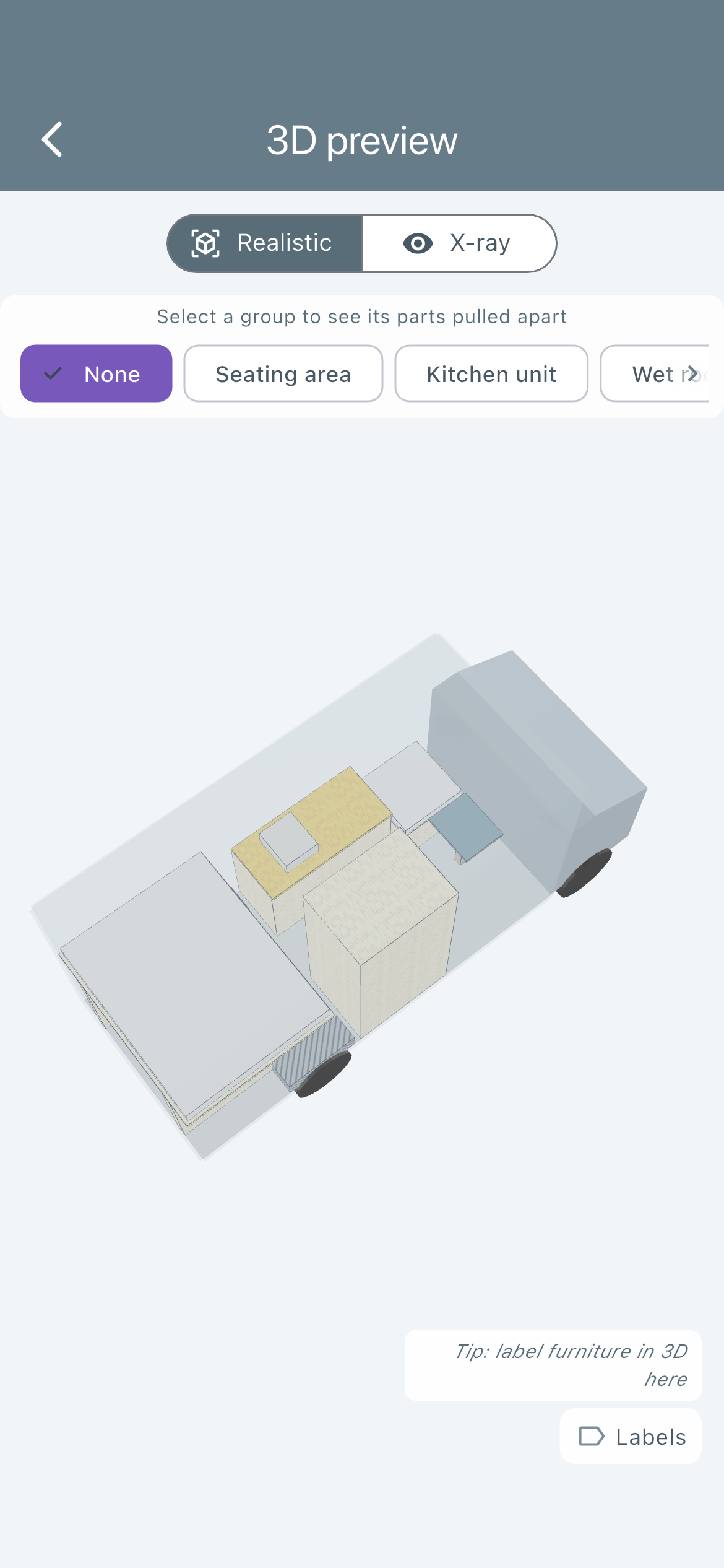 3D-Ansicht des Hochbett-Grundrisses über der Heckgarage im Ducato L4H3