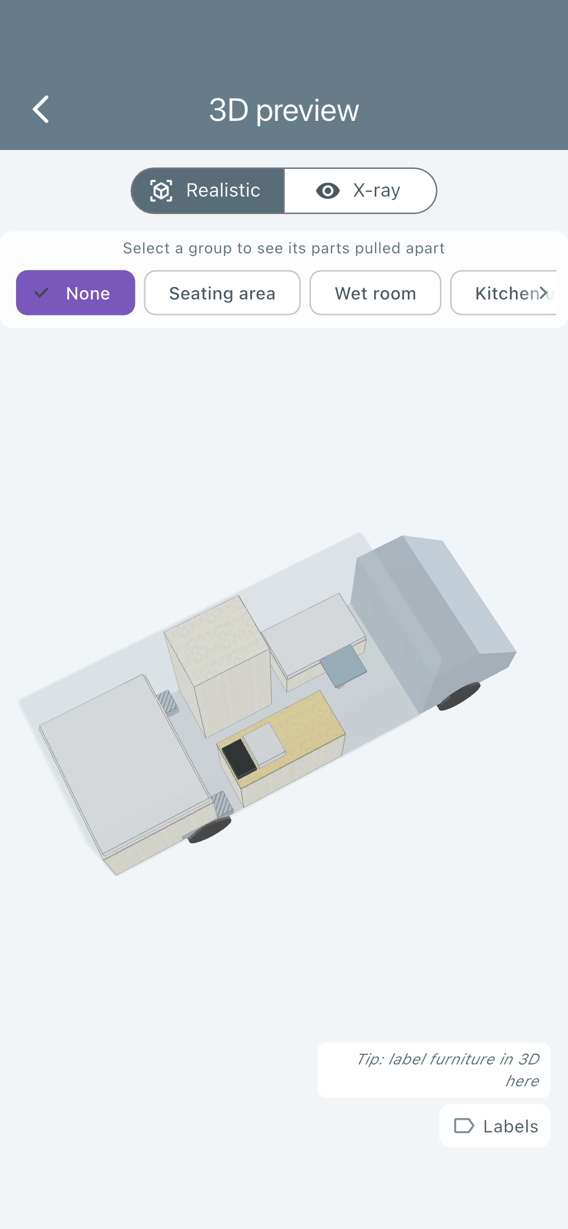 3D-Ansicht des Grundrisses mit fester Nasszelle im Sprinter L3