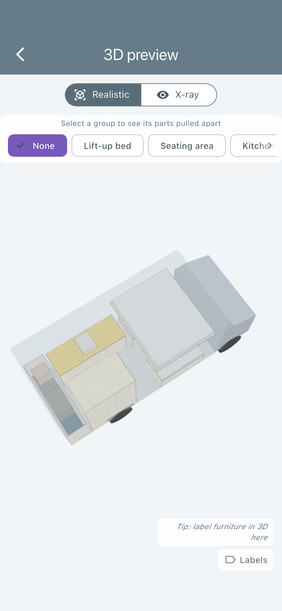 3D-Ansicht des Hubbett-Grundrisses im Ducato L4H3