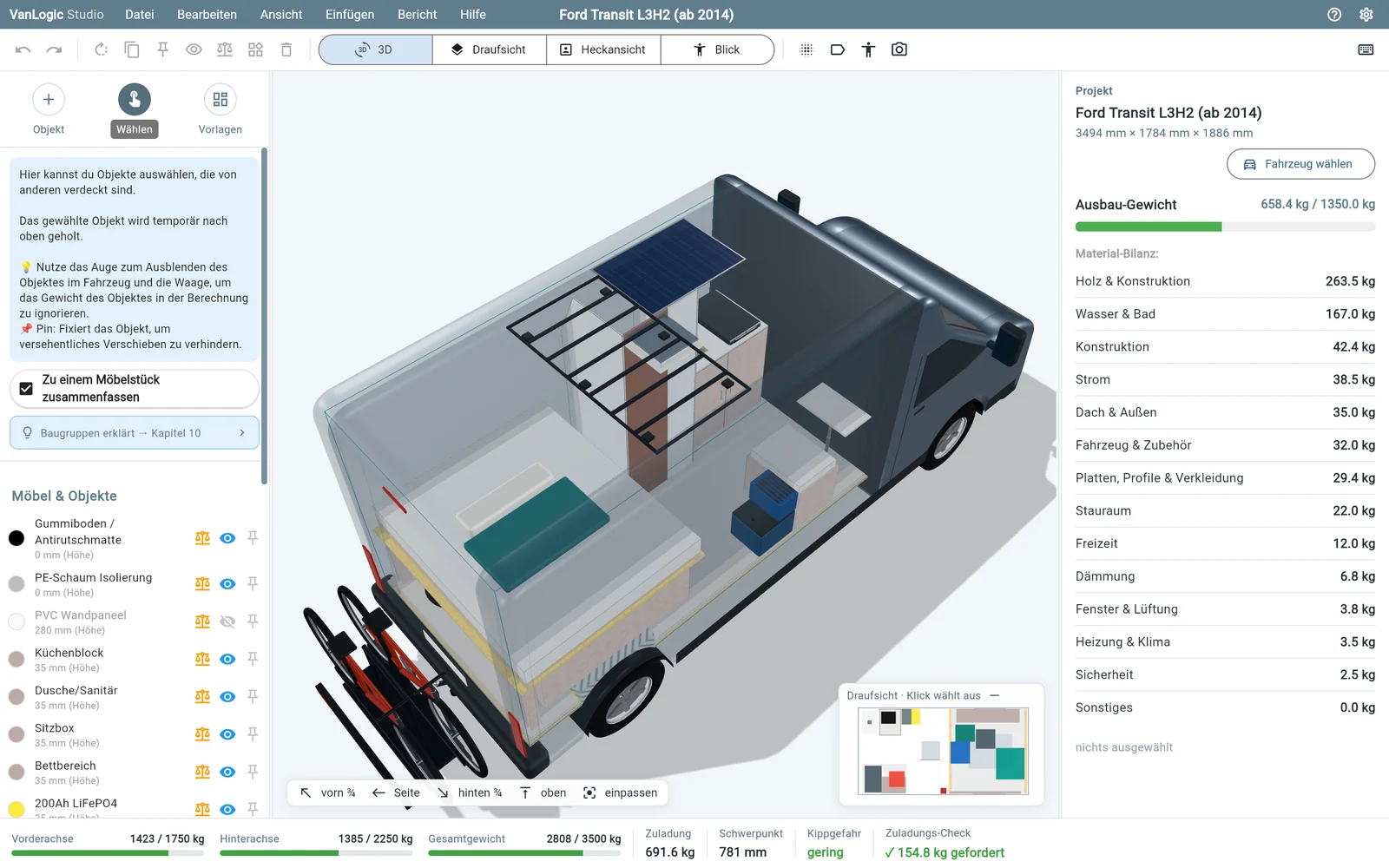 VanLogic Studio im Browser: 3D-Ansicht eines ausgebauten Ford Transit mit Objektliste und Gewichtsbilanz