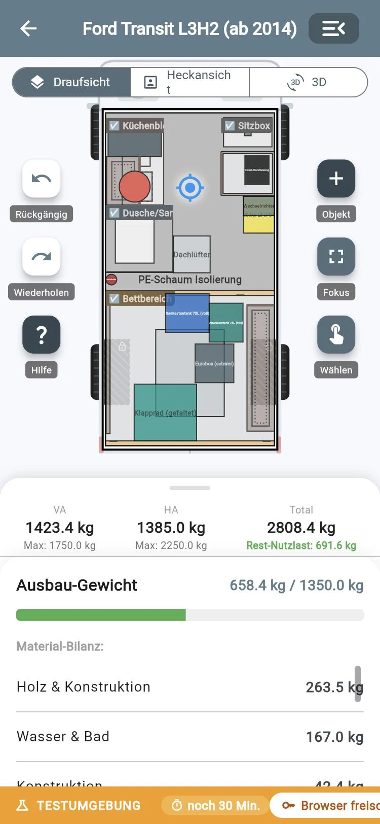 VanLogic Web-App auf dem Handy: Draufsicht mit Achslasten und Ausbaugewicht