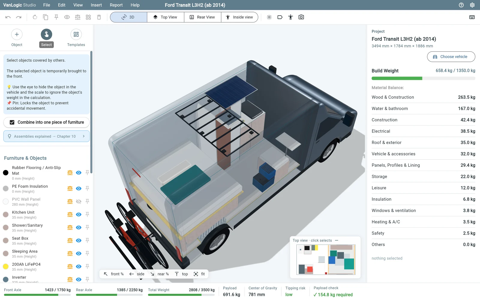VanLogic Studio in the browser: 3D view of a converted Ford Transit with object list and weight balance