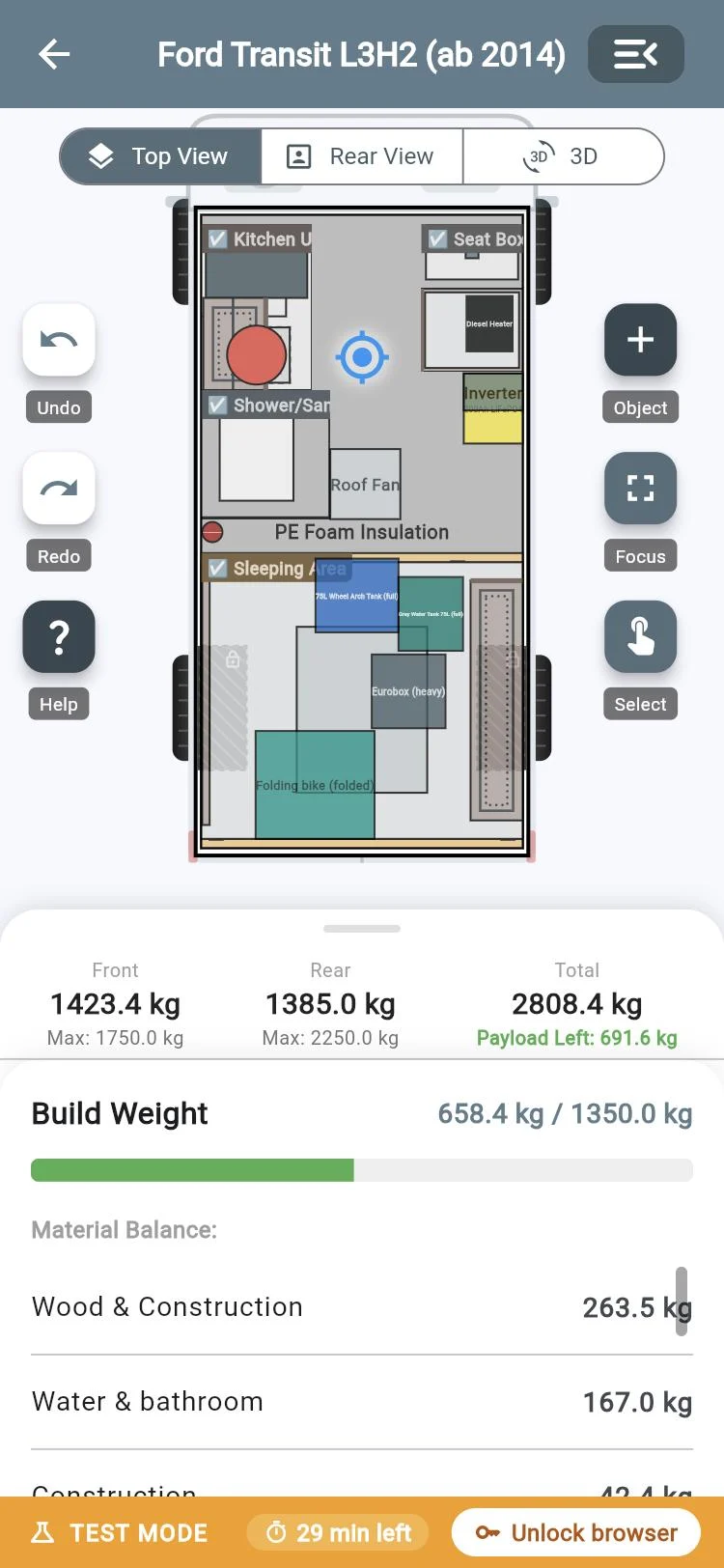 Web app VanLogic su smartphone: vista dall’alto con carichi sugli assi e peso dell’allestimento